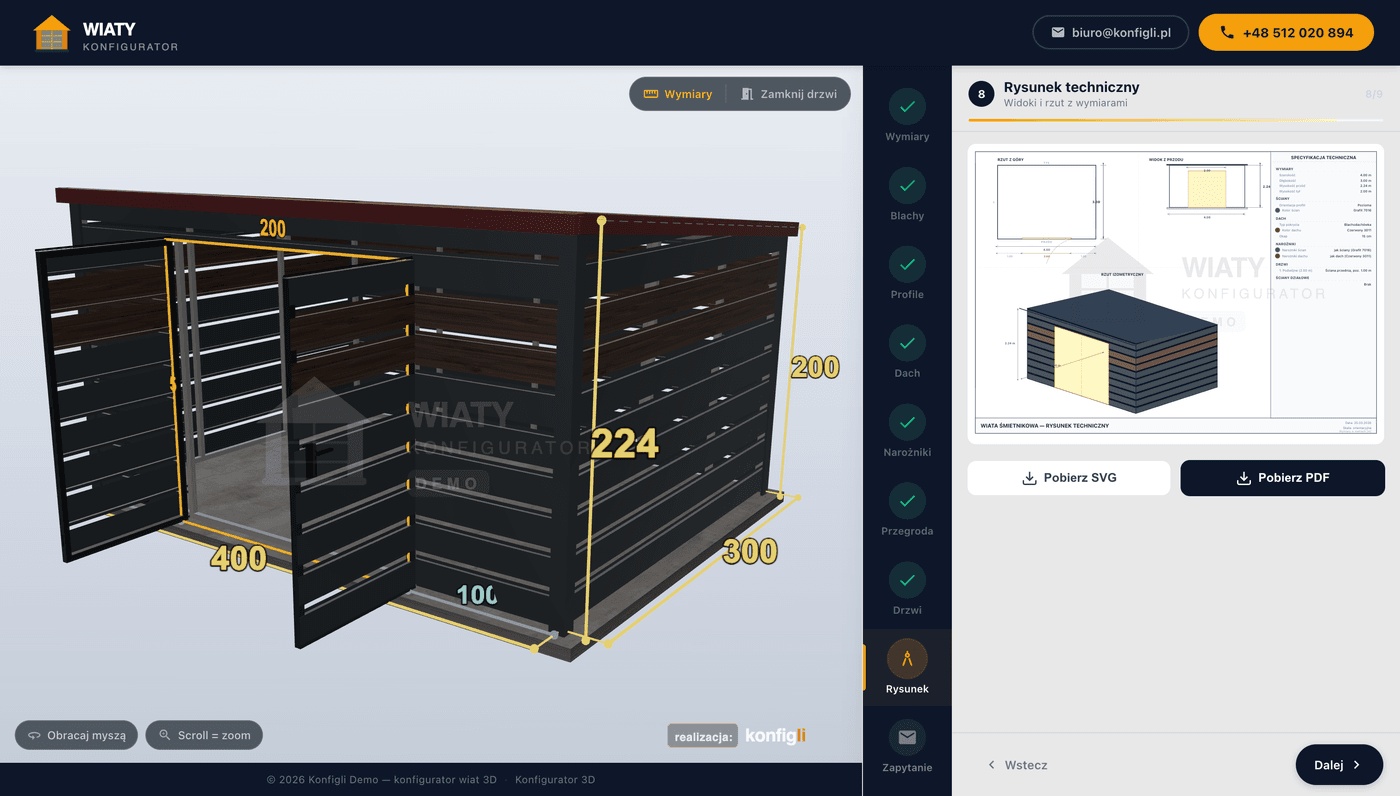 Konfigurator 3D, realizacja Wiaty śmietnikowe (demo)